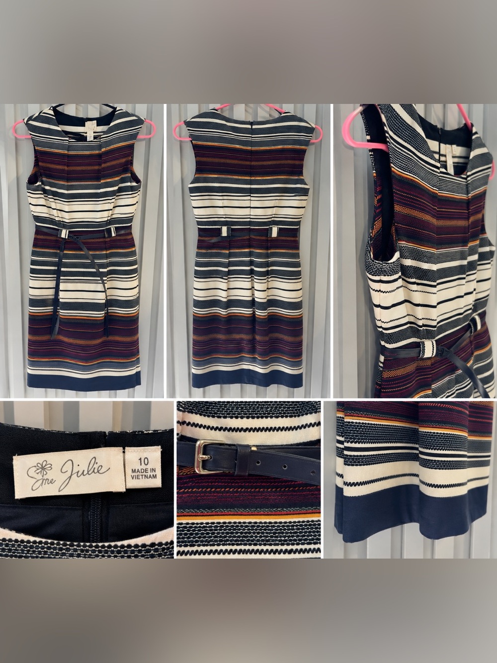 Emma & Michele Navy Striped Sheath Dress with Cream, Burgundy & Rust Bands
